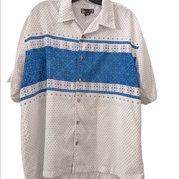 Maluka The Spice Islands SHIRT Mens M White Blue Short Sleeve Button Down Casual - Picture 1 of 6
